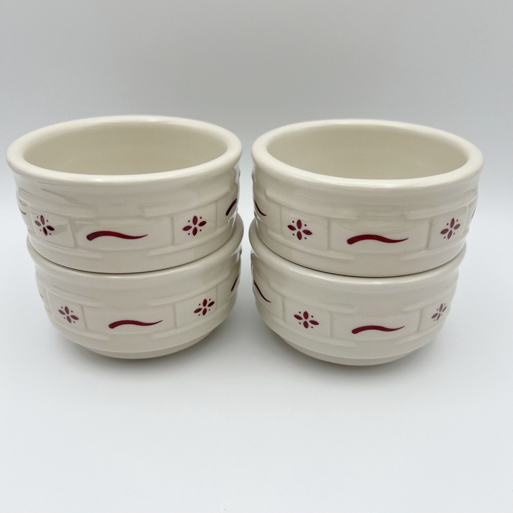 Longaberger‎ Woven Traditions Red Stackable Custard Cups Pottery Set of 4 USA